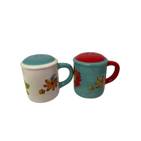 Vintage Pair of Ceramic Mug Shaped Salt Pepper Shakers White Blue Floral 3" Tall - Picture 2 of 5
